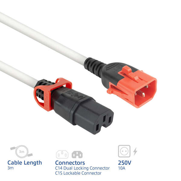 Naar omschrijving van PL0053 - ACT Netsnoer C14 IEC Lock+ Dual Locking - C15 IEC Lock+ wit 3 m, PC3879