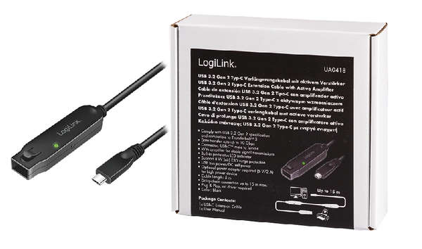 Naar omschrijving van UA0418 - USB 3.2 Gen2 cable, USB-C/M to USB-C/F, amplifier, black, 5 m