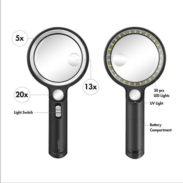 Naar omschrijving van WZ0075 - Magnifying glass with light, 5x, 13x and 20x magnification, black